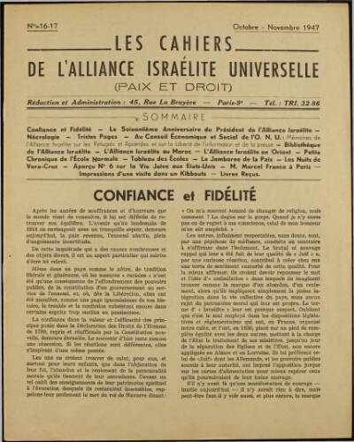 Les Cahiers de l'Alliance Israélite Universelle (Paix et Droit).  N°16-17 (01 oct. 1947)
